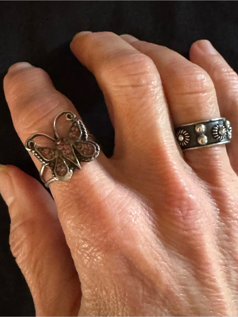 Vintage Sterling Silver Butterfly Ring - Size 7 - Crushed Coral Inlay